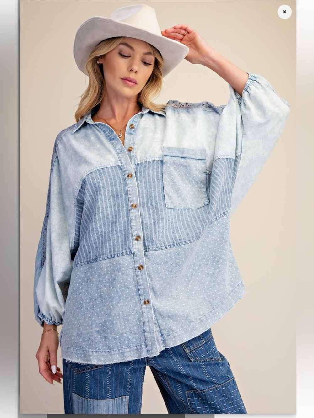 Easel Ice Denim Collared Button Up Long Sleeve Shirt